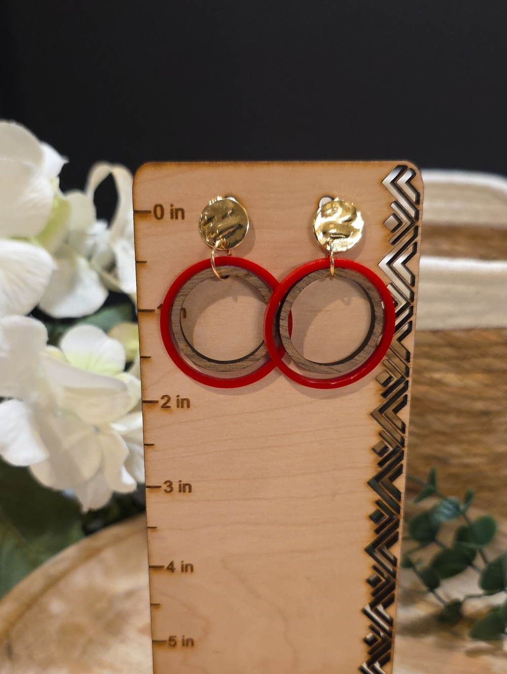 Gold Post Earrings with Red and Gold Double Hoop Design